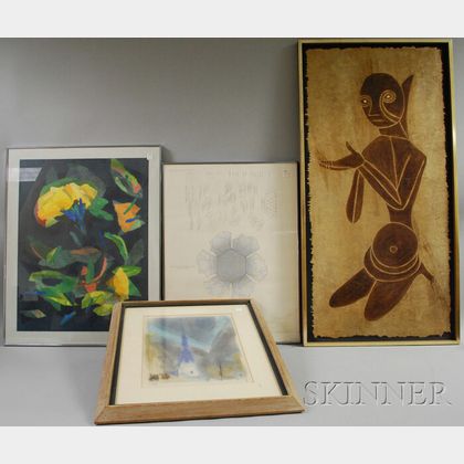 Three Framed Modern Prints and a Painting