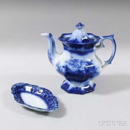 Flow Blue Ceramic Teapot and Dish