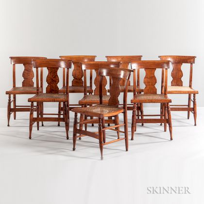 Set of Eight Classical Tiger Maple Side Chairs