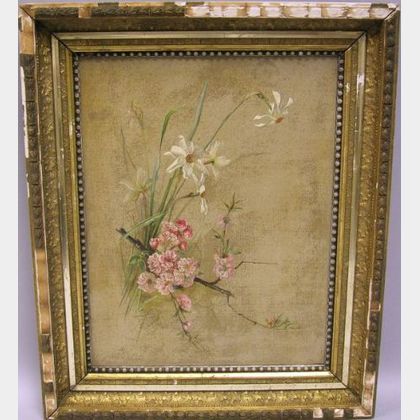 Framed Oil Still Life with Jonquils and Cherry Blossoms. 
