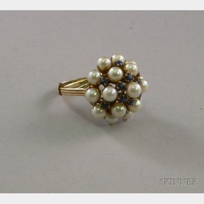 14kt Gold, Pearl, and Sapphire Cluster Ring