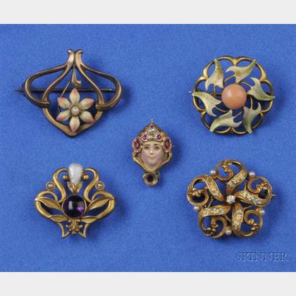 Group of Four Art Nouveau Enamel and Gem-set Flower Pins