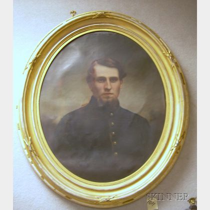 Oval Framed 19th Century American School Enhanced Photographic Portrait of a Young Man with a Goatee