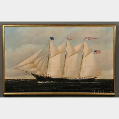 Attributed to William P. Stubbs (American, 1842-1909) Portrait of the Three-masted Schooner SACHEUS SHERMAN in Coastal Waters.