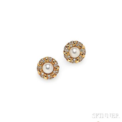 18kt Gold, Cultured Pearl, and Diamond Earclips, Chanel