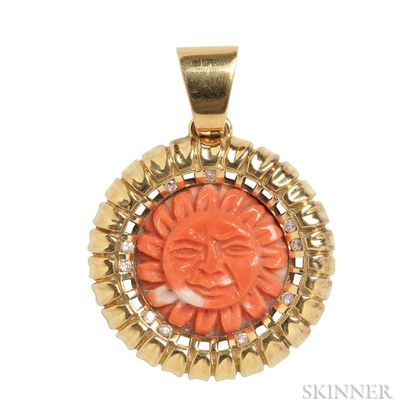 18kt Gold, Carved Coral, and Diamond Pendant