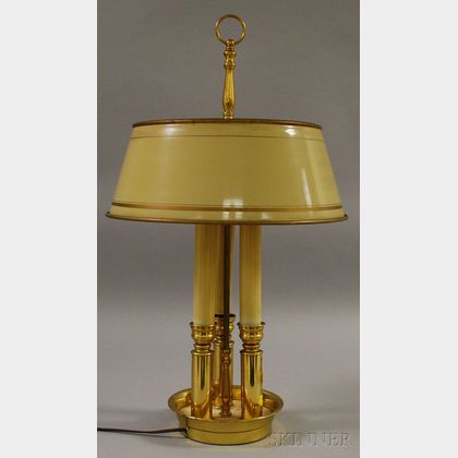 Brass Bouillotte-style Three-Light Table Lamp with Painted Metal Shade. 