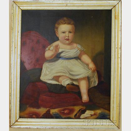 19th Century American School Oil on Canvas Portrait of a Child in a White Dress