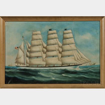 American School, Late 19th/Early 20th Century Portrait of the Four-masted Steel Barque Dirigo in Coastal Waters.