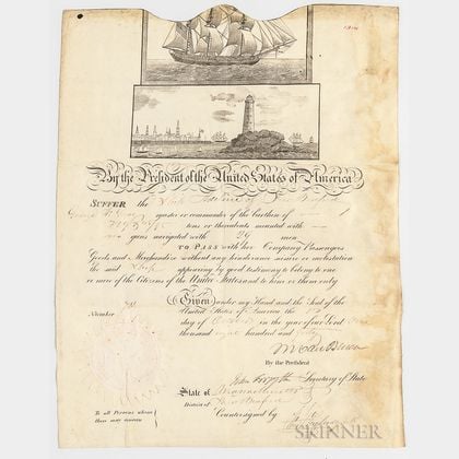 Ship's Pass for the Adeline of New Bedford, Signed by Martin Van Buren
