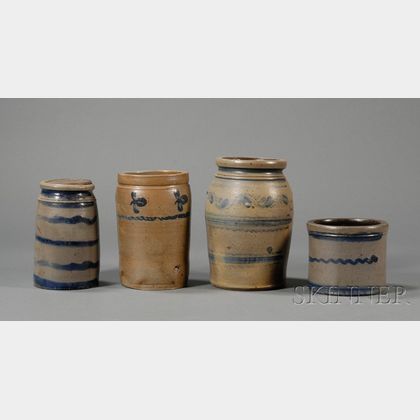 Three Small Cobalt-decorated Stoneware Jars and a Small Crock