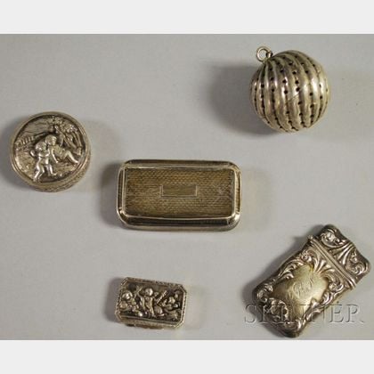 Five Small Silver Boxes and Tea Items