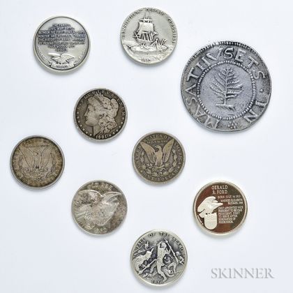 Eight Silver Rounds and Morgan Dollars and a Large Cast Pewter Pine Tree Shilling