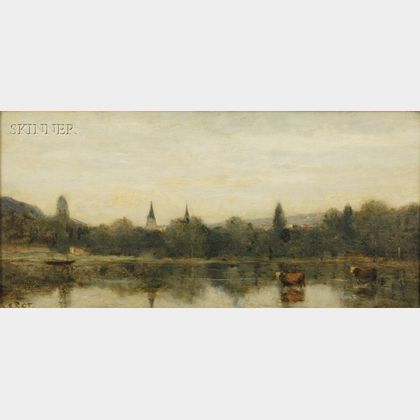 Jean-Baptiste-Camille Corot (French, 1796-1875) Bords d'une riviere avec deux clochers emergeant des arbres