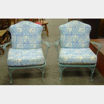 Pair of Painted Wrought Iron Patio Armchairs with Cushions. 