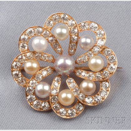 Antique 14kt Gold, Diamond, and Multicolor Pearl Brooch