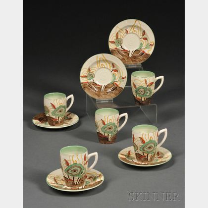 Clarice Cliff Bizarre Ware Cabbage Flower Pattern Set of Five Demitasse Cups and Saucers