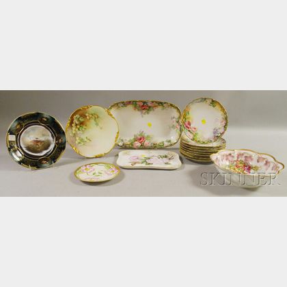 Set of Eight Gilt and Hand-painted Rose-decorated Limoges Porcelain Plates and Six Assorted Hand-painted and Decorated Porcelain Tab...