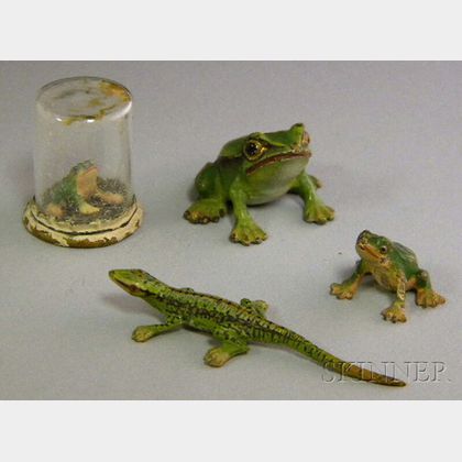 Austrian Miniature Cold-painted Bronze Lizard Figure and Three Frog Figures