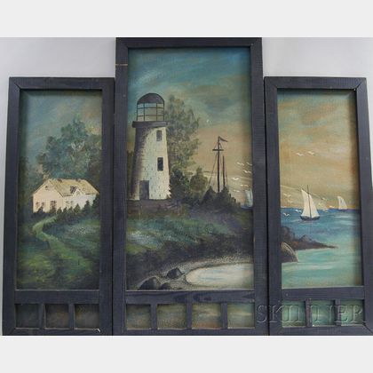 Framed Oil on Board Triptych Harbor Scene