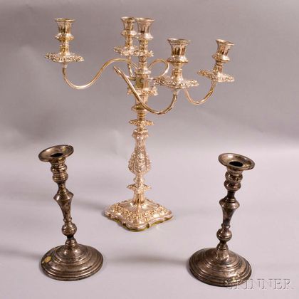 Silver-plated Convertible Five-light Candelabra and a Pair of Silver-plated Candlesticks