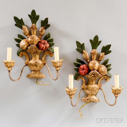 Pair of Polychrome Carved Basket-of-fruit Wall Sconces