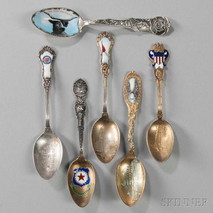 Six American Sterling Silver and Enamel Souvenir Spoons