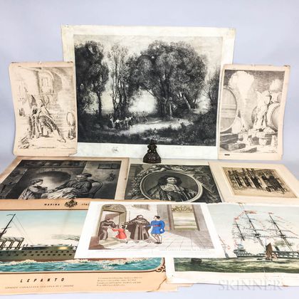 Ten Unframed Engravings, Lithographs, and Etchings, and a Bronze Bust of a Woman. Estimate $20-200