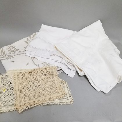 Three Antique Linen Tablecloths and Two Lace Covers. Estimate $40-60