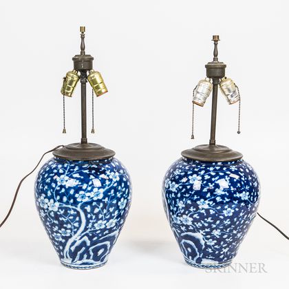 Near Pair of Chinese Blue and White Vases Mounted as Lamps