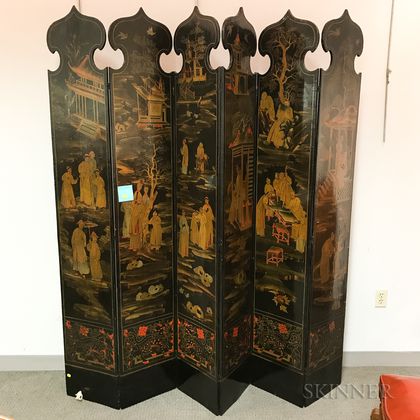 Black-lacquered and Chinoiserie-decorated Six-panel Floor Screen