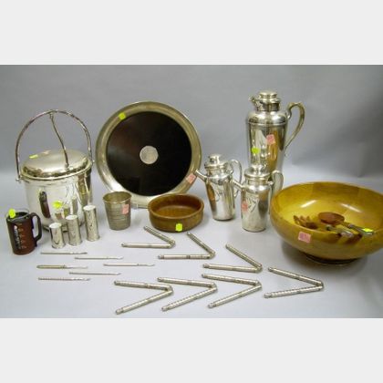 Eight Pieces of Silver Plated Barware and a Sterling Silver Mounted Tray