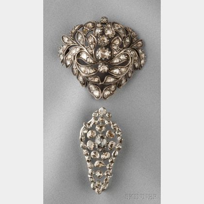 Two Antique Silver and Rose-cut Diamond Brooches