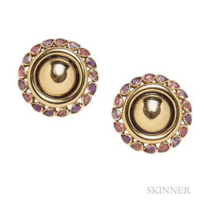 Pair of 18kt Gold Gem-set Brooches