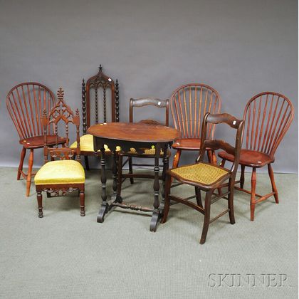Seven Assorted Chairs and a Victorian Gothic Revival Occasional Table