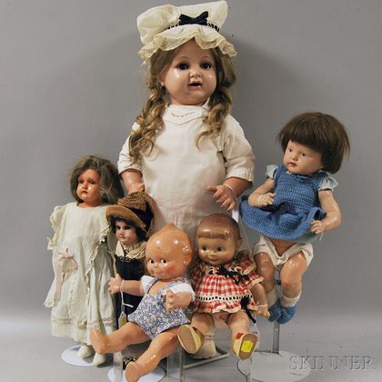 Group of Six Early Composition and Celluloid Dolls