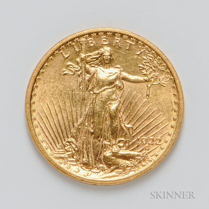 1922 $20 St. Gaudens Double Eagle Gold Coin.