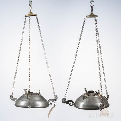 Two Pewter Lawrence Patent Hanging Lamps