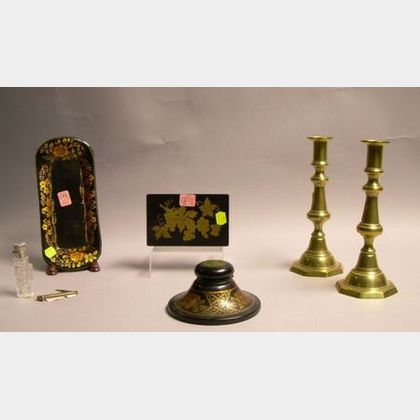 Pair of Brass Push-up Candlesticks, Three Gilt Decorated Lacquered Table Articles, a Sterling-mounted Cut Glass Scent Vial, and a Small