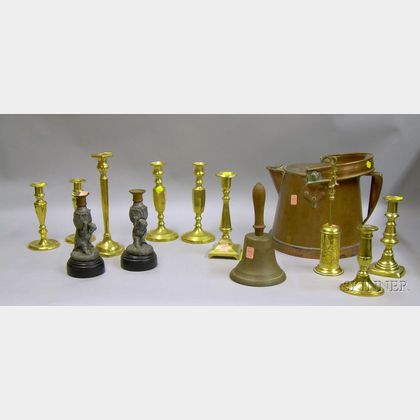 Group of Brass and Metal Candlesticks, Hearth, and Other Articles