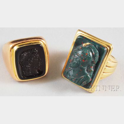 Two Gold and Hardstone Cameo-style Rings