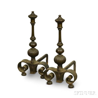 Pair of Bronze and Iron Lobed Andirons