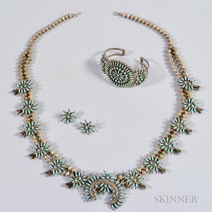Zuni Squash Blossom Necklace, Bracelet, and Earring Set
