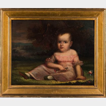 American School, Mid-19th Century Portrait of a Child Holding a Toy Trumpet