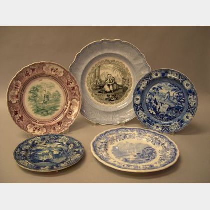 Five Assorted Transfer Decorated Staffordshire Plates