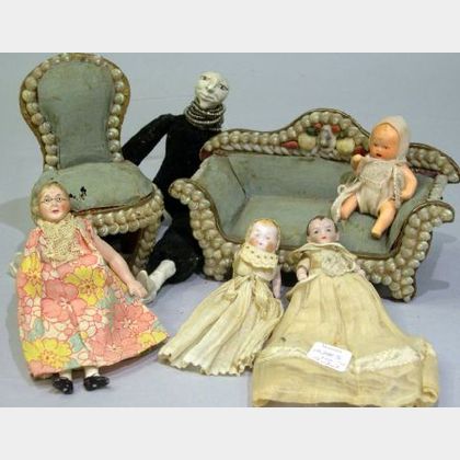 Doll House Furniture and Four Dolls