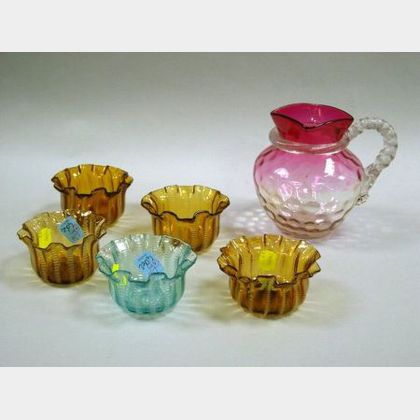 Set of Four Stevens & Williams Amber Jewel Pattern Ruffled Glass Bowls, a Single Blue Bowl, and an Amberina Glass Pitcher with Rope Han