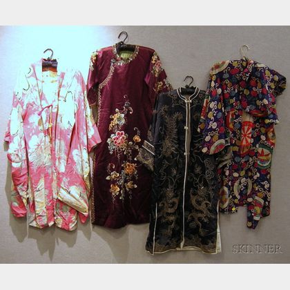 Three Asian Robes, a Chinese Silk Embroidered Tunic, and a Chinese Silk Dress. 