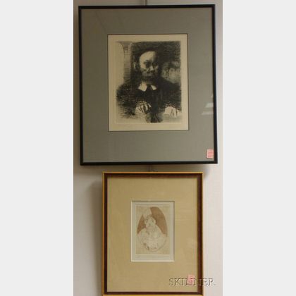 Two Framed Etchings Portraits of Men by David Aaronson and Jack Levine.
