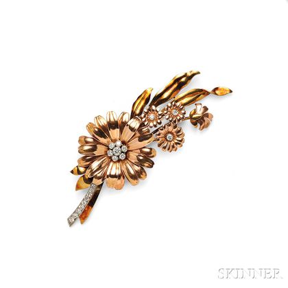 Retro 14kt Bicolor Gold and Diamond Flower Brooch, Tiffany & Co.
